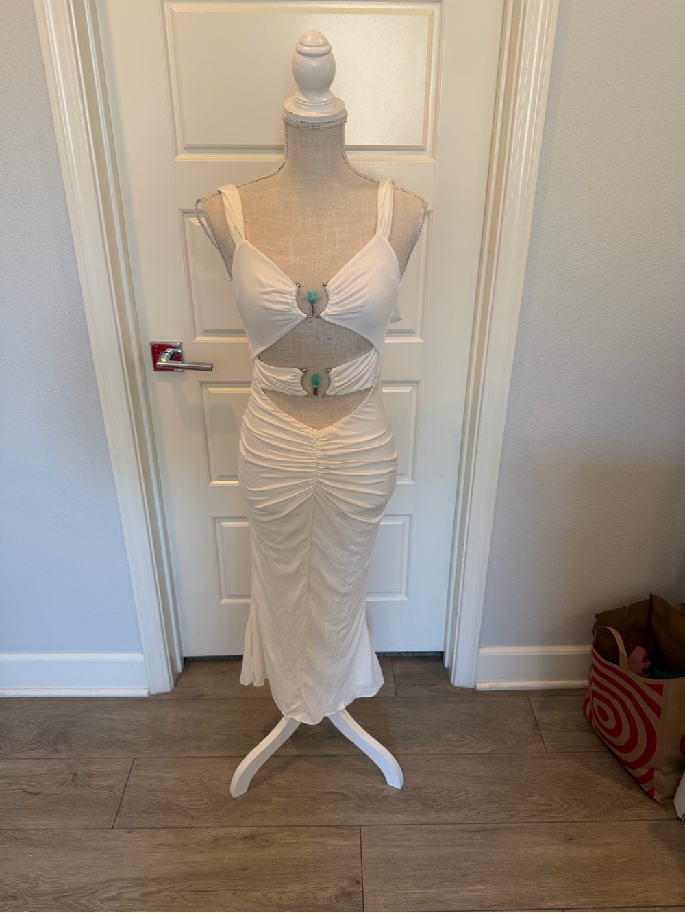 Oh Polly Cream Midi Dress with Turquoise Accents